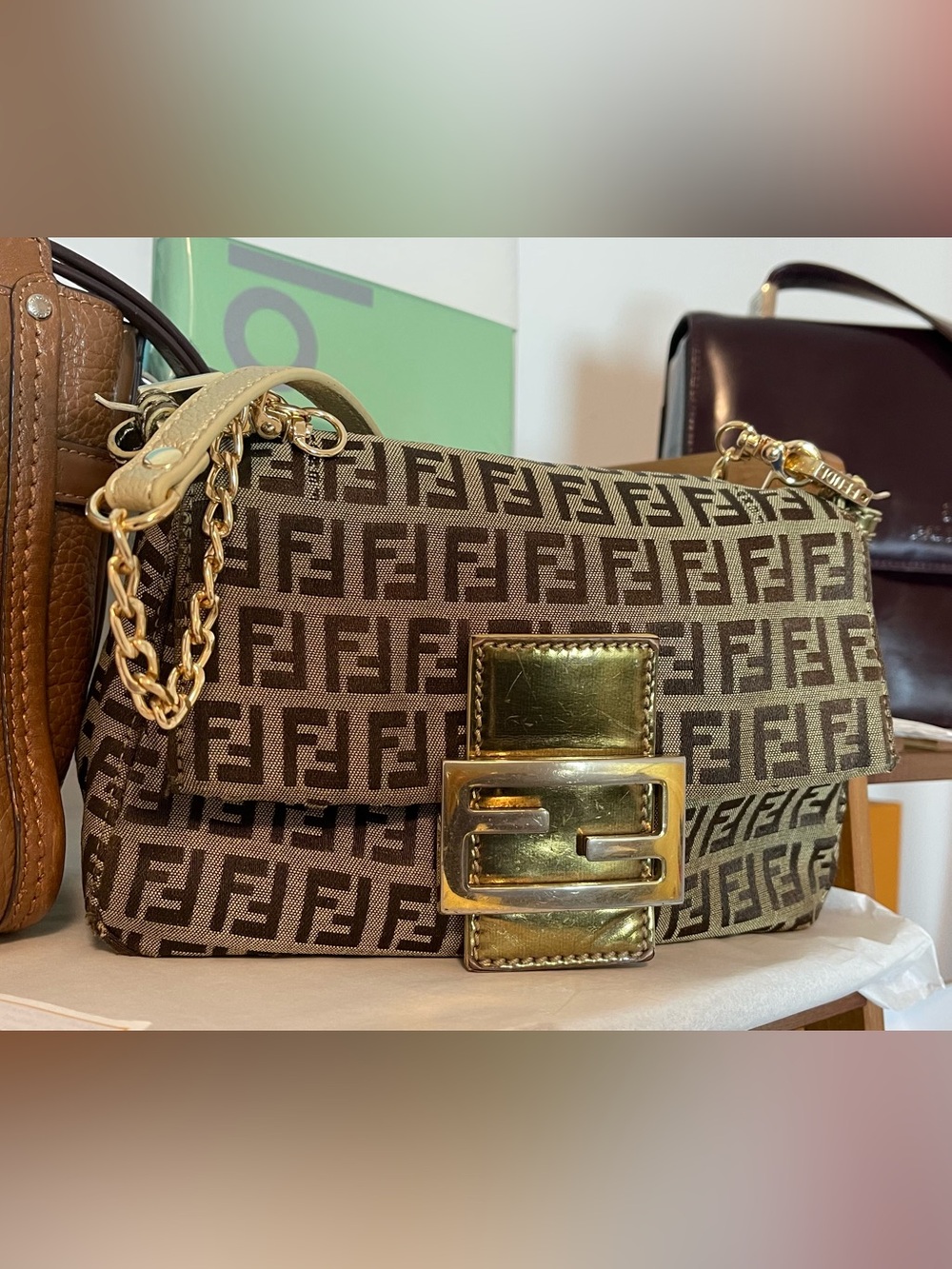 Fendi Brown Monogram FF Canvas Shoulder Bag with Gold Hardware